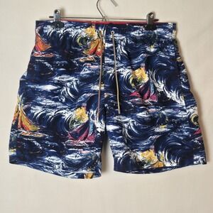 Bugatchi Men's XL Swim Trunks Watercolor Sail Boat Stretch Lined Swim Shorts